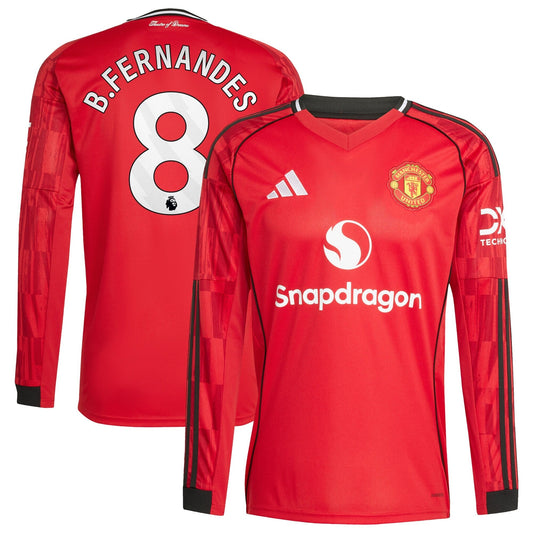 Bruno Fernandes Manchester United Home Player Long Sleeve Jersey Red 2025–26 Premium Fan Edition Soccer Jersey - Red