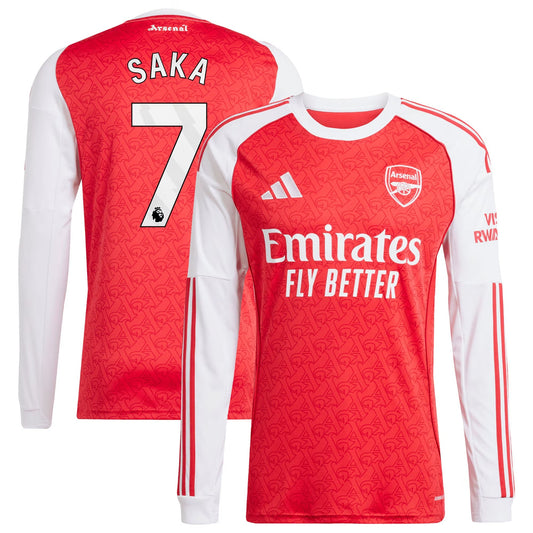 Bukayo Saka Arsenal Home Long Sleeve Player Jersey Red 2025–26 Premium Fan Edition Soccer Jersey - Red