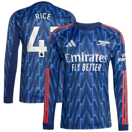 Declan Rice Arsenal Away Long Sleeve Player Jersey Blue 2025–26 Premium Fan Edition Soccer Jersey - Blue