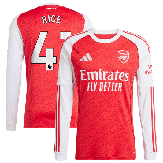 Declan Rice Arsenal Home Long Sleeve Player Jersey Red 2025–26 Premium Fan Edition Soccer Jersey - Red