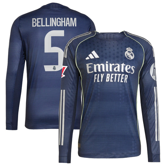Jude Bellingham Real Madrid Away Long Sleeve Player Jersey Blue 2025–26 Premium Fan Edition Soccer Jersey - Blue