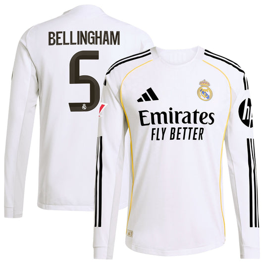 Jude Bellingham Real Madrid Home Long Sleeve Jersey White 2025–26 Premium Fan Edition Soccer Jersey - White