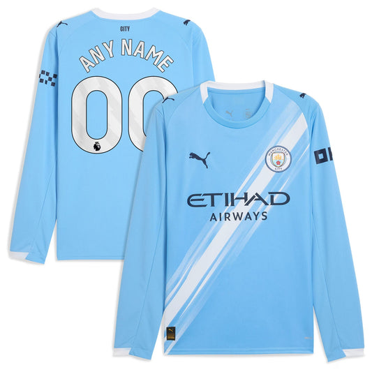 Manchester City Home Long Sleeve Custom Jersey Sky Blue 2025–26 Premium Fan Edition Soccer Jersey - Blue