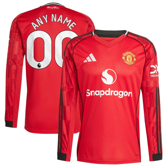 Manchester United Home Custom Long Sleeve Jersey Red 2025–26 Premium Fan Edition Soccer Jersey - Red