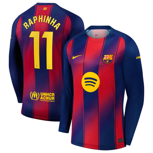 Raphinha Barcelona Home Long Sleeve Jersey Navy 2025–26 Premium Fan Edition Soccer Jersey - Navy
