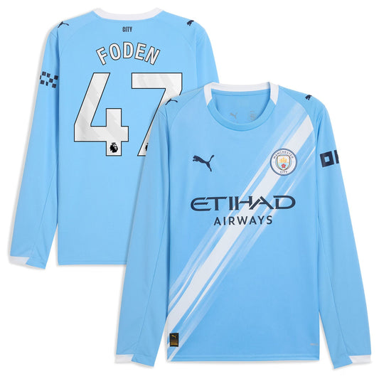 Phil Foden Manchester City Home Long Sleeve Player Jersey Sky Blue 2025–26 Premium Fan Edition Soccer Jersey - Blue