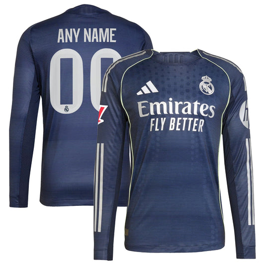 Real Madrid Away Long Sleeve Custom Jersey Blue 2025–26 Premium Fan Edition Soccer Jersey - Blue