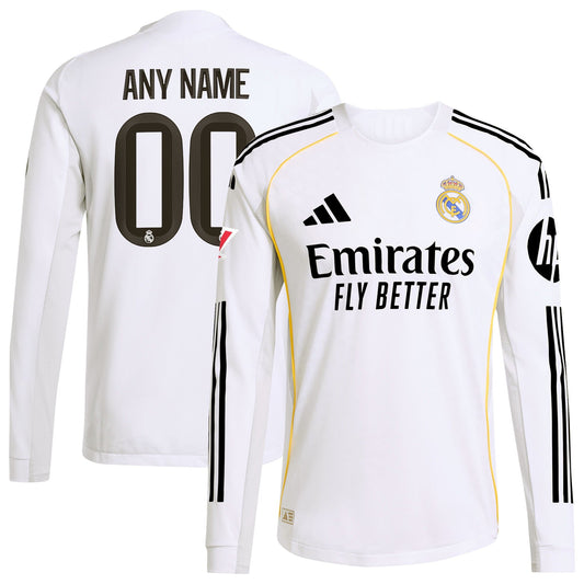 Real Madrid Home Long Sleeve Custom Jersey White 2025–26 Premium Fan Edition Soccer Jersey - White