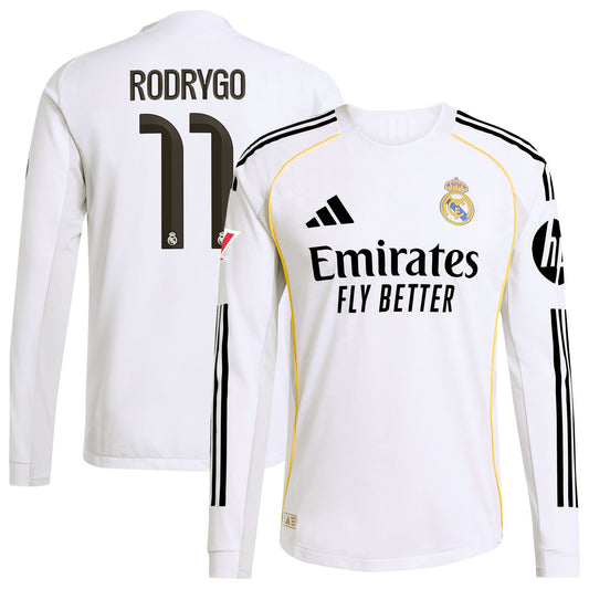 Rodrygo Real Madrid Home Long Sleeve Jersey White 2025–26 Premium Fan Edition Soccer Jersey - White