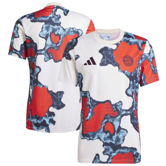 adidas Bayern Munich 2024 pre-match top with white base and red blue abstract pattern