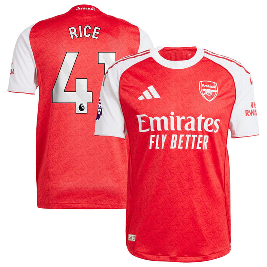 Adidas Declan Rice Arsenal jersey 2025 in red and white with Emirates Fly Better sponsor logo