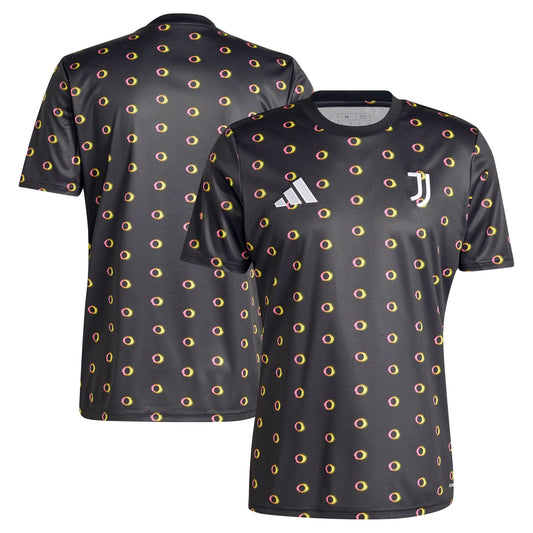 Adidas Juventus pre-match top 2024 in black with yellow and red circular pattern and team logos
