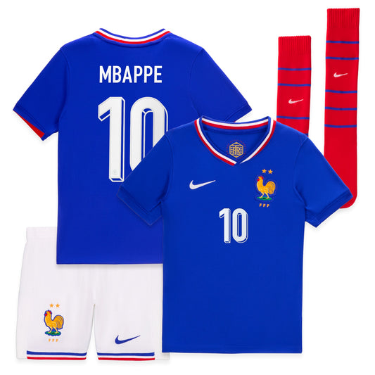 France Team Home Stadium - 2024/25 - Little Kids with Mbappe 10 printing Jersey - Blue