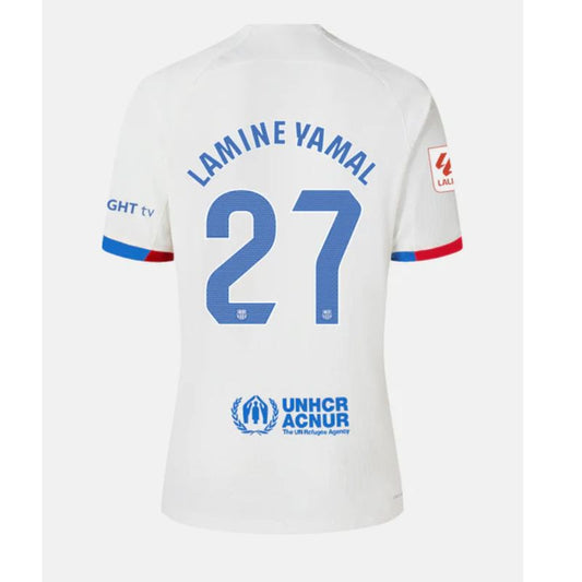 Back view of Lamine Yamal FC Barcelona away Nike jersey 23/24 in white with blue number 27 and sponsor logos
