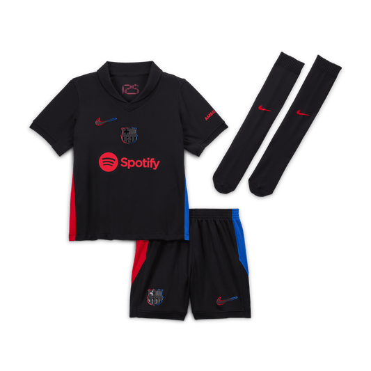 Puma Barcelona away kit 2024-25 kid with black jersey, shorts, and socks featuring red and blue accents