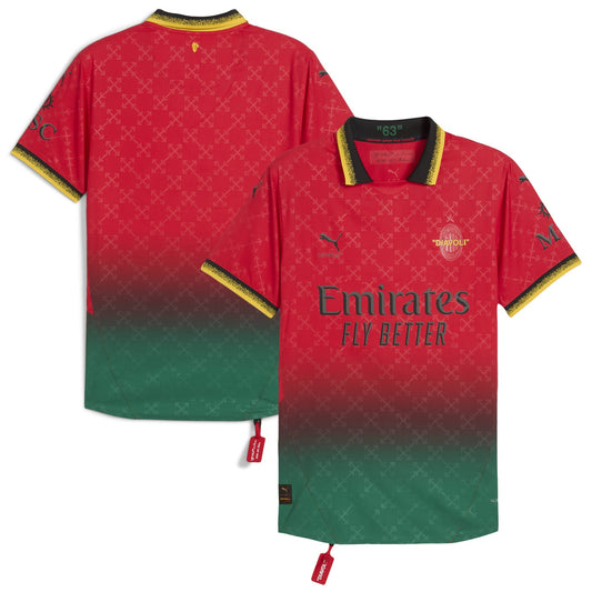 Puma AC Milan Off-White Jersey 2024 with red and green gradient design and Emirates Fly Better logo