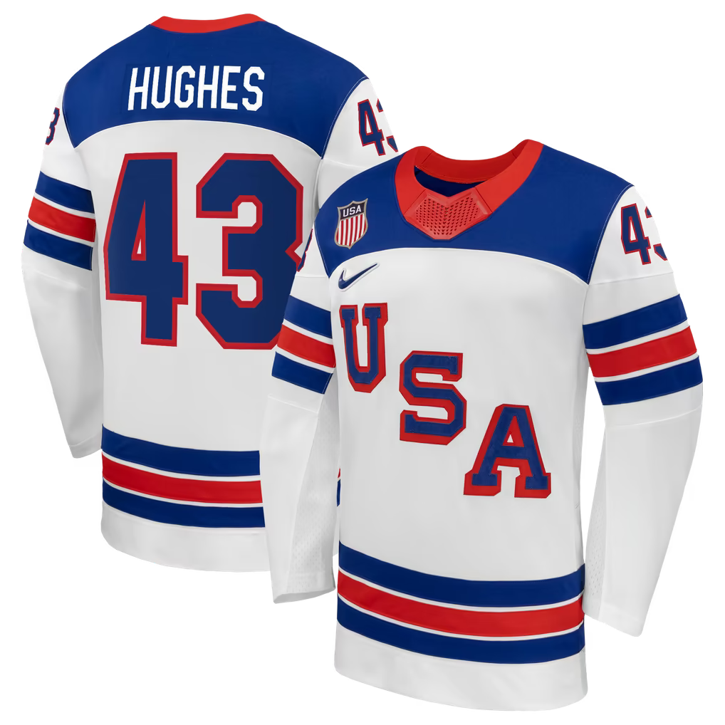 Teams Fans Shop Nike Quinn Hughes US Hockey 2026 Away Jersey - White