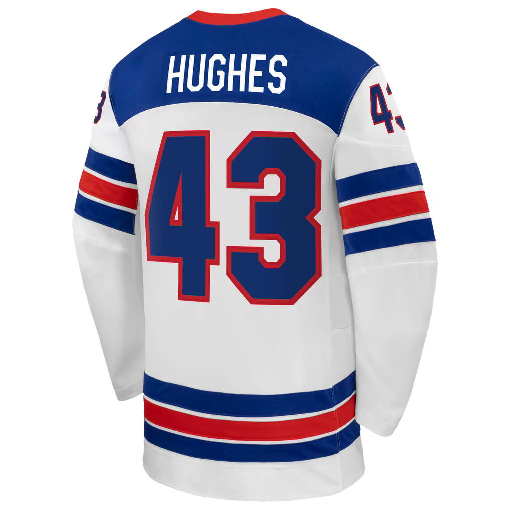 Teams Fans Shop Nike Quinn Hughes US Hockey 2026 Away Jersey - White