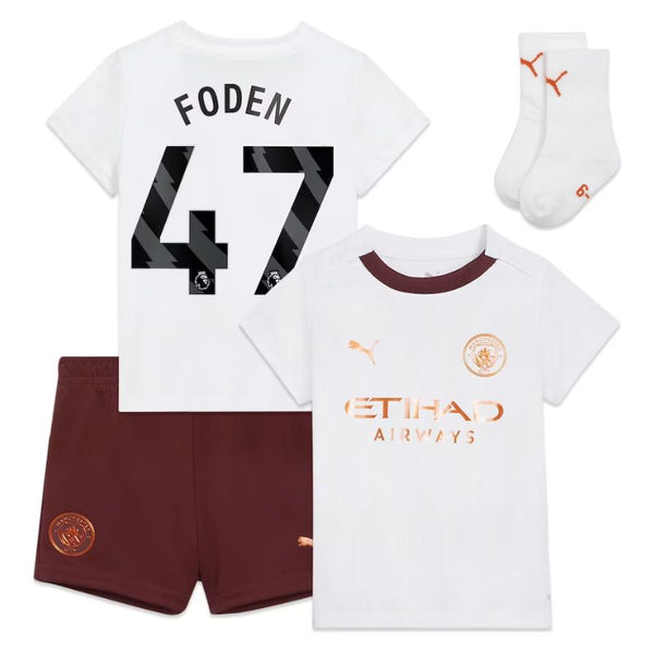 Manchester City Away Kids kit Puma 2023-24 with Foden 47 printing Jersey - White