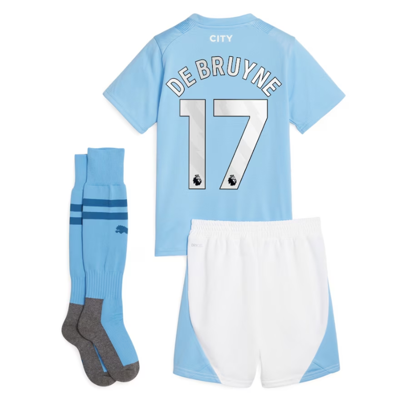 Manchester City Home Kids Kit 2023-24 De Bruyne 17 printing Jersey  - Blue - Jersey Teams World