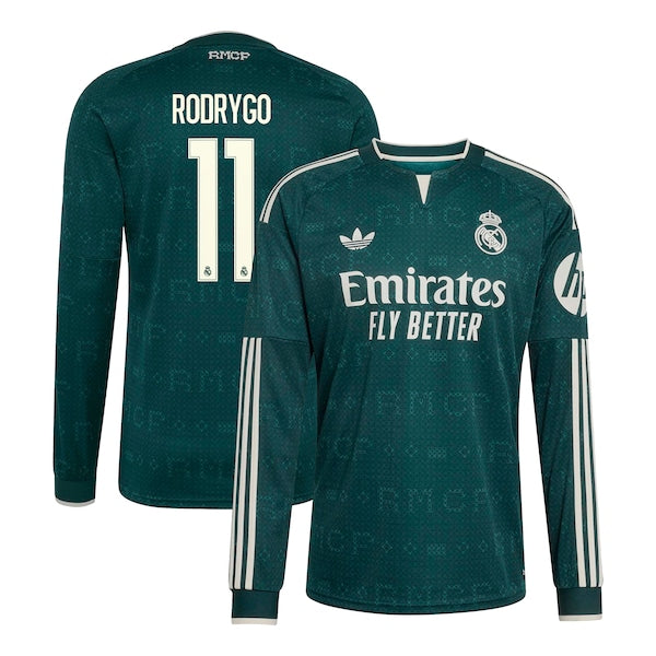 Rodrygo Real Madrid Official-Adidas 2026/27 Away Replica Long Sleeve Jersey - Green