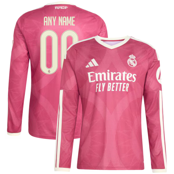 Real Madrid Official-Adidas 2026/27 Third Replica Custom Long Sleeve Jersey - Pink