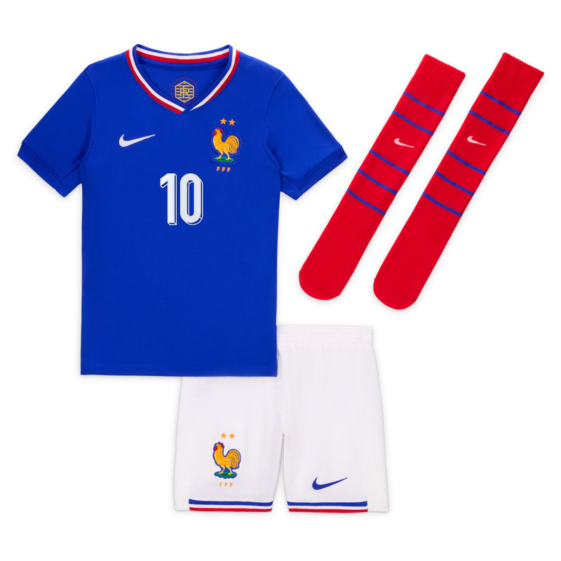 France Nike Home Stadium - 2024/25 - Little Kids with Mbappe 10 printing Jersey - Blue