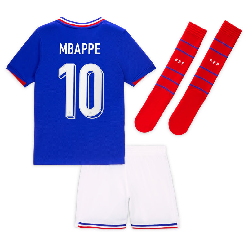 France Nike Home Stadium - 2024/25 - Little Kids with Mbappe 10 printing Jersey - Blue