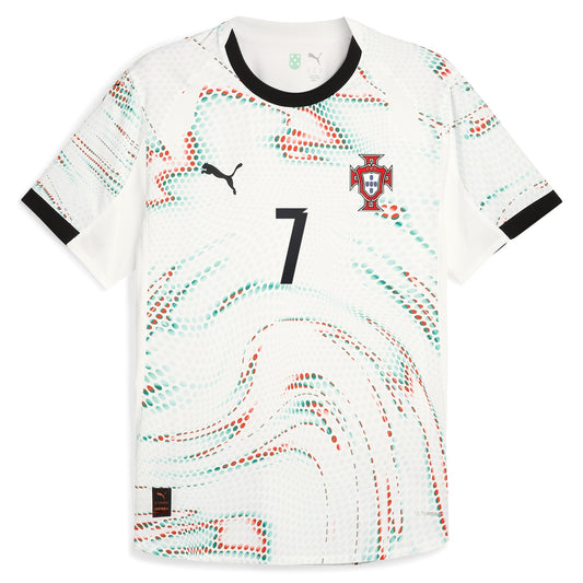 Puma Cristiano Ronaldo Portugal away jersey 2025 with white base and colorful wave pattern