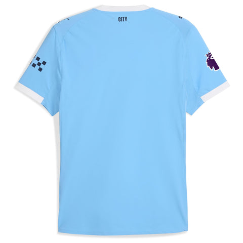 Back view of Manchester City 2025 home Puma jersey in light blue with white trim and Premier League patches