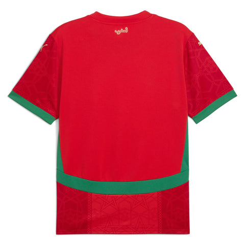 Back view of Morocco Puma home jersey 2025 in red with green accents and subtle geometric patterns